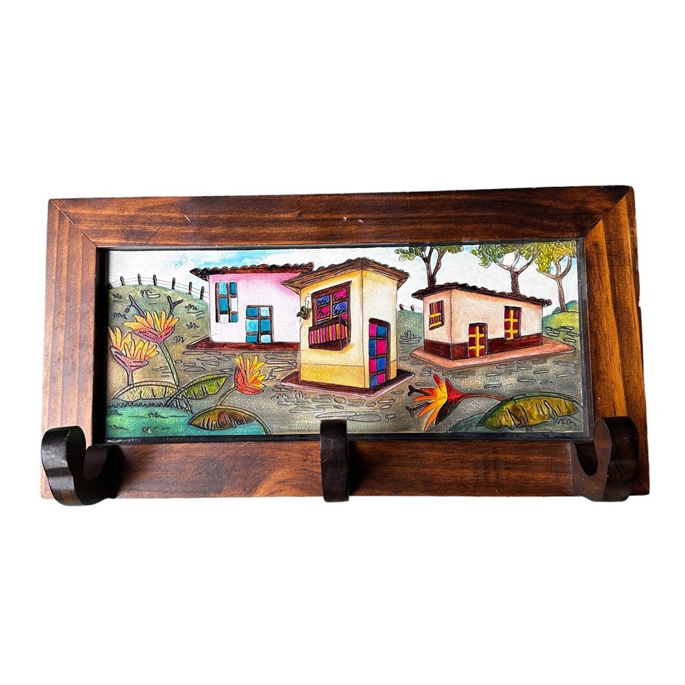 Mexican Coat Hook Wall Hanging 19x10 Inch Folk Art Painting‎ Wood Village Homes